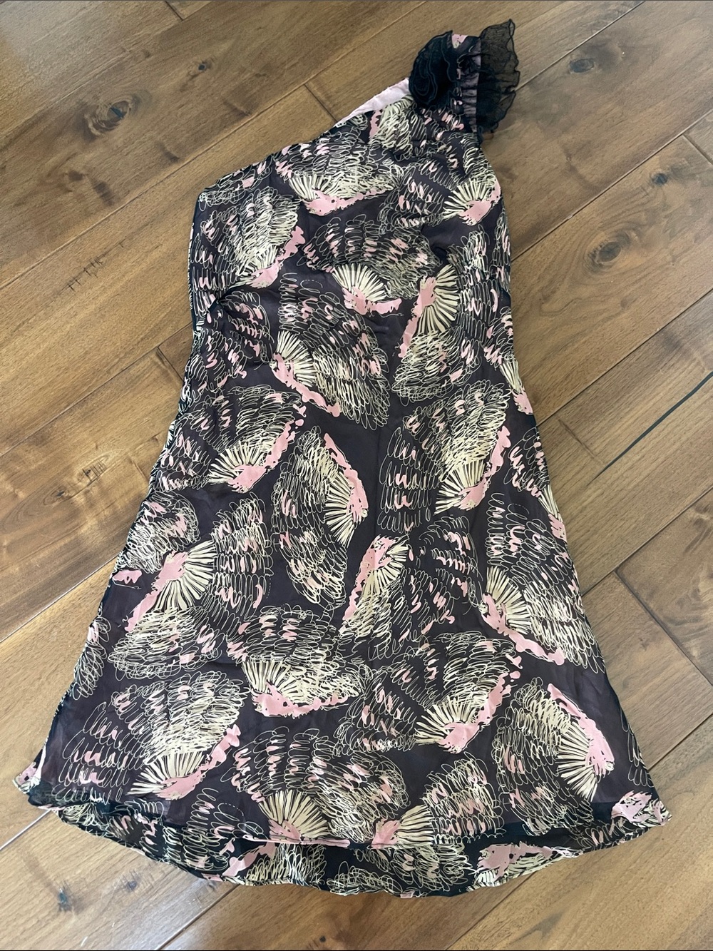 Max Studio One-Shoulder Floral Print Slip Dress in Black, Pink & Cream